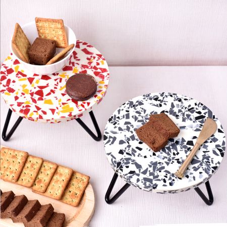 Red and Black Terrazzo Wood and Resin Cake Stand for Dessert, Fruit and Planter